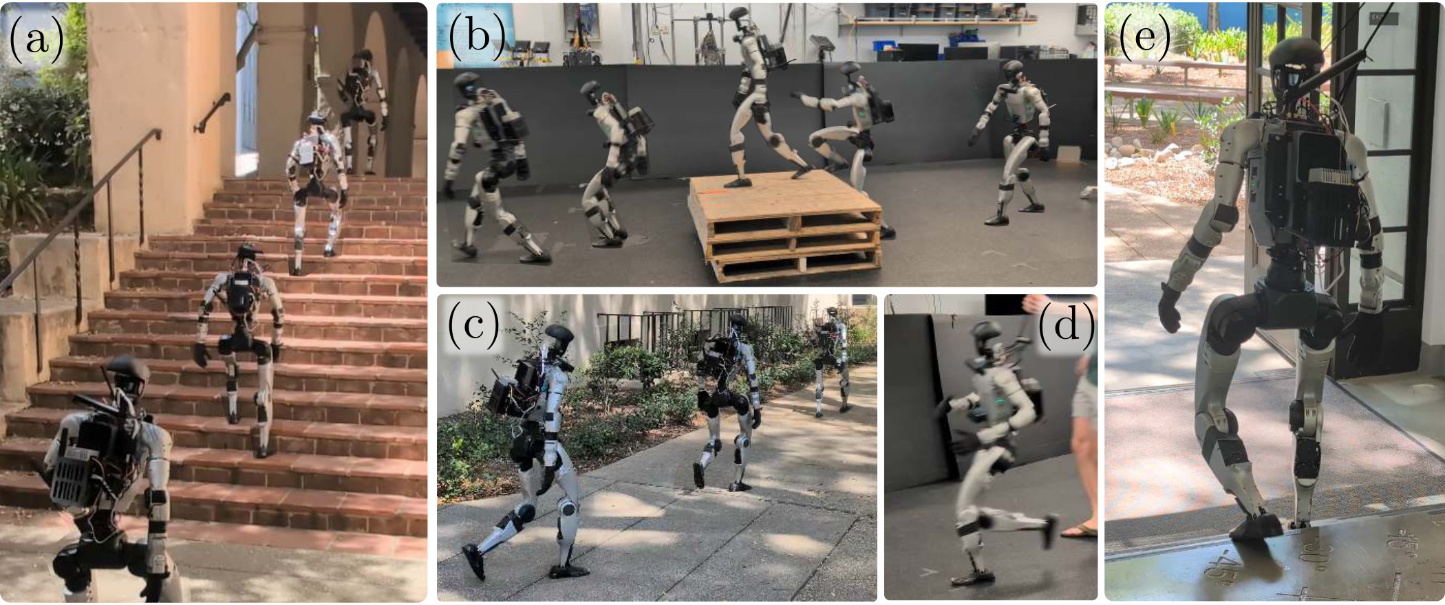 Demonstration of our perceptive control policies working across multiple terrains in indoor and outdoor settings. (a) Ascending a 15 step real world staircase including transitions into and out of the stair climb. (b) Jumping onto a box, walking across it, and jumping off the box. (c) Outdoor walking locomotion including turning onto a path. (d) Running across an indoor space. (e) Descending a real world stair case.
